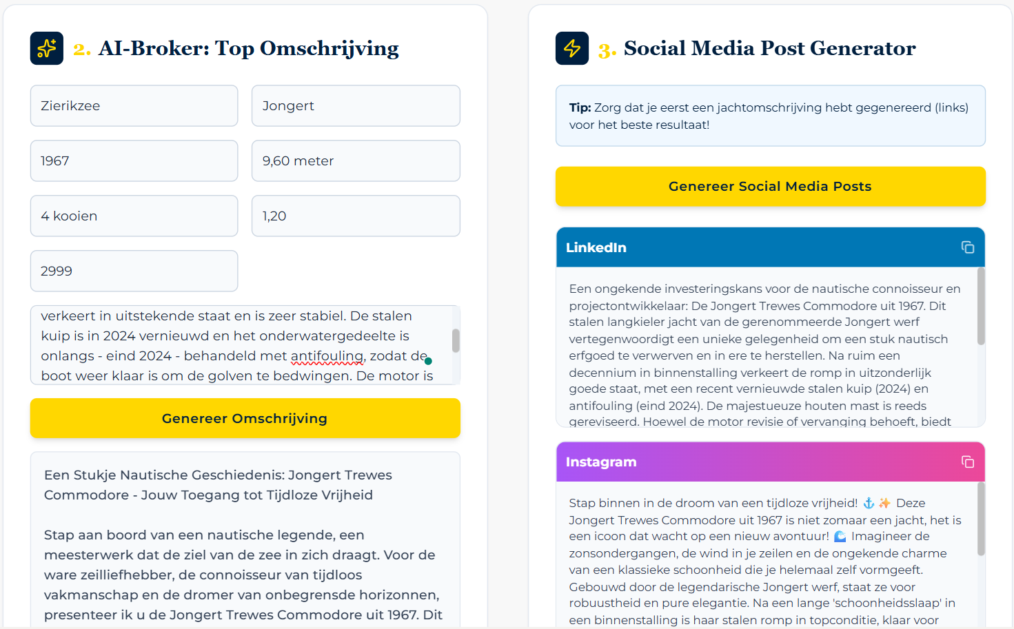 Voorbeeld van AI-gegenereerde wervende verkooptekst voor jachten